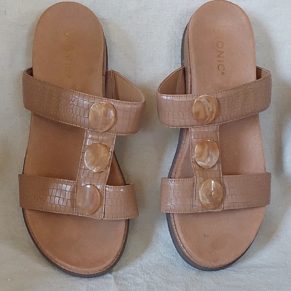 Vionic Tan Slide Sandals with Decorative Buttons